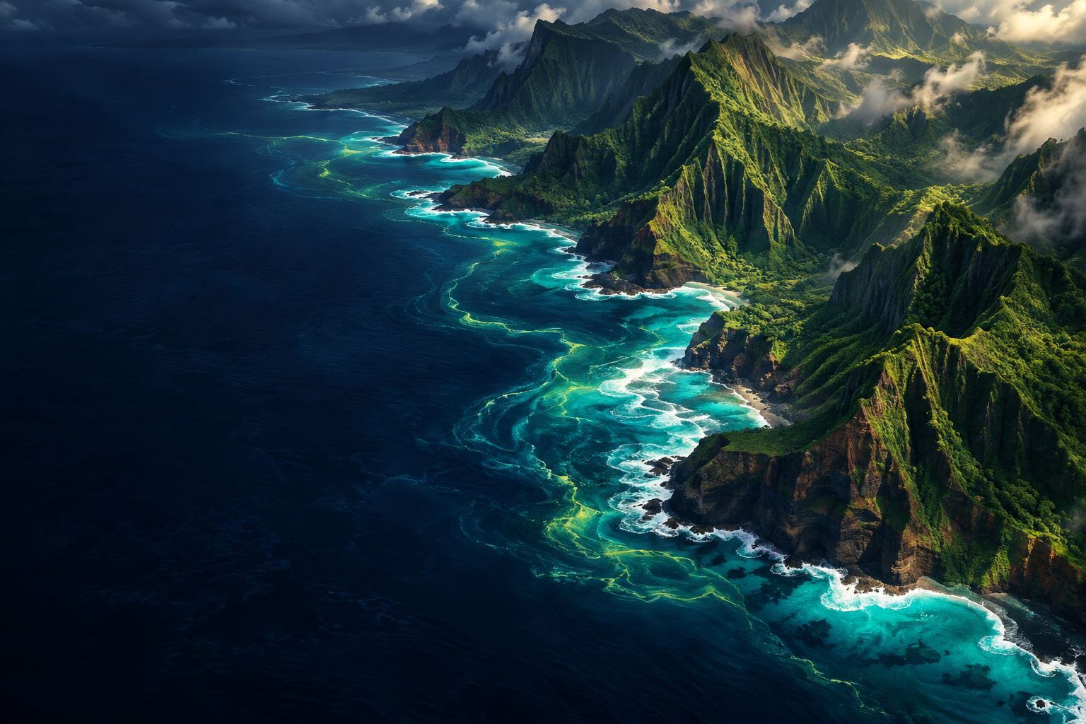 Cinematic island cliffs meeting luminous turquoise ocean